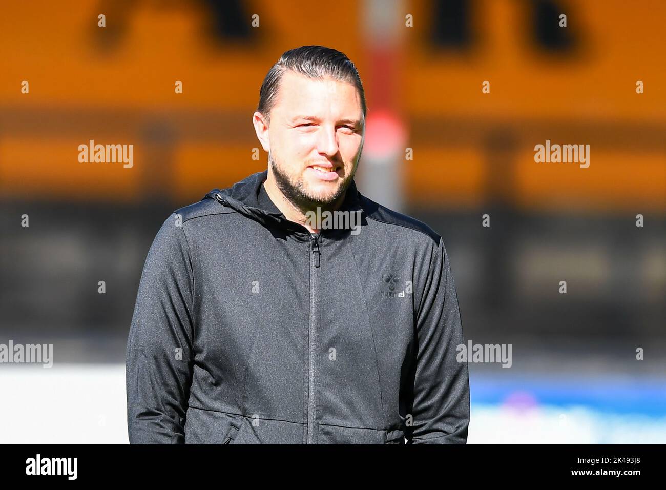 Cambridge, UK. 1st October 2022Mark Bonner (Manager Cambridge United) inspect pitch during the Sky Bet League 1 match between Cambridge United and Derby County at the R Costings Abbey Stadium, Cambridge on Saturday 1st October 2022. Credit: MI News & Sport /Alamy Live News Stock Photo