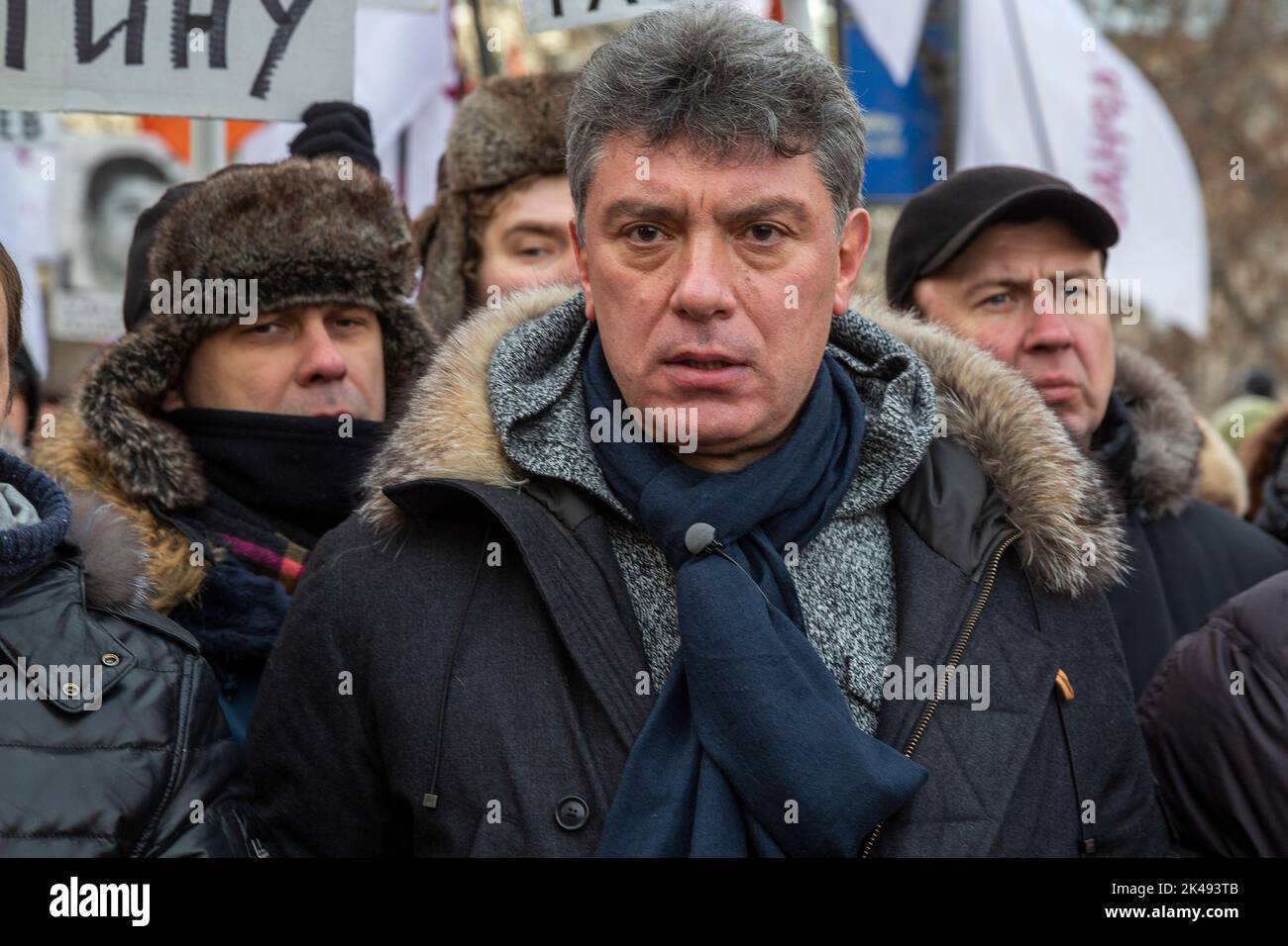 Moscow, Russia. 2nd of February, 2014 The leader of the movement 'Solidarity' Boris Nemtsov (in center) during opposition rally at the center of Moscow, Russia Stock Photo