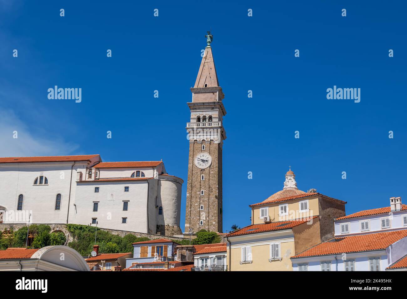 Old Town of Piran in Slovenia, skyline with St George Church Bell Tower ...