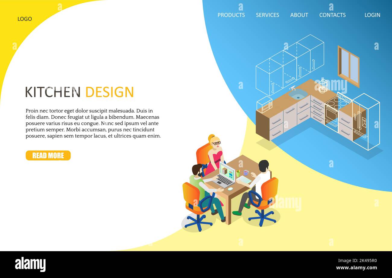Kitchen design landing page website template. Vector isometric