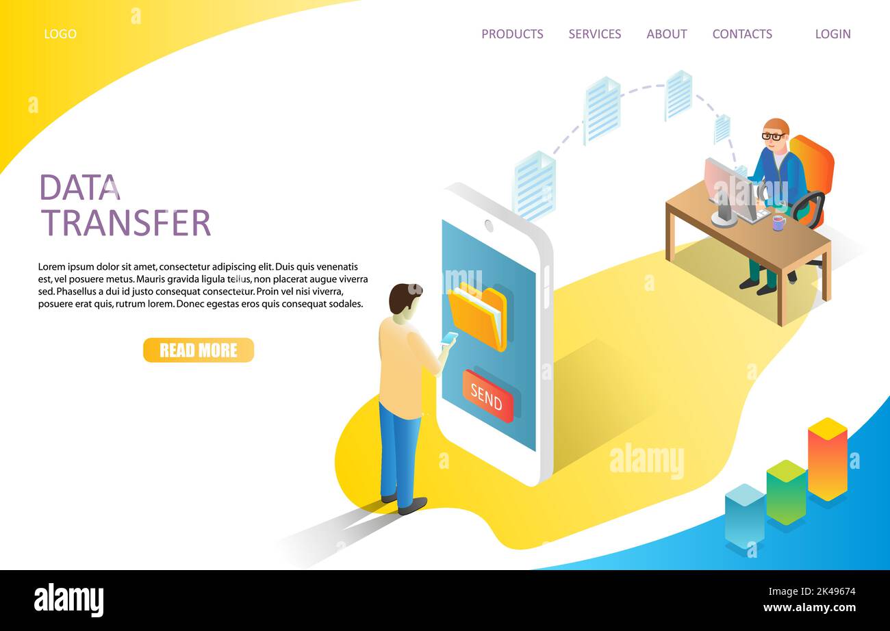 Data transfer landing page website vector template. Vector isometric illustration. File transfer between smartphone and computer users. Copy files, da Stock Vector