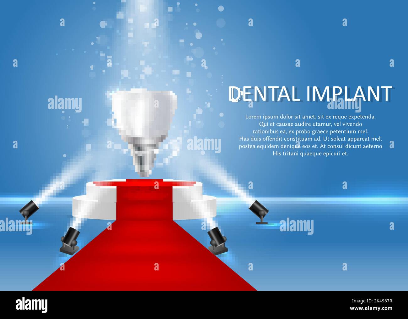 Tooth implant on illuminated white round podium with red carpet. Vector realistic illustration. Dental implant poster banner template. Stock Vector