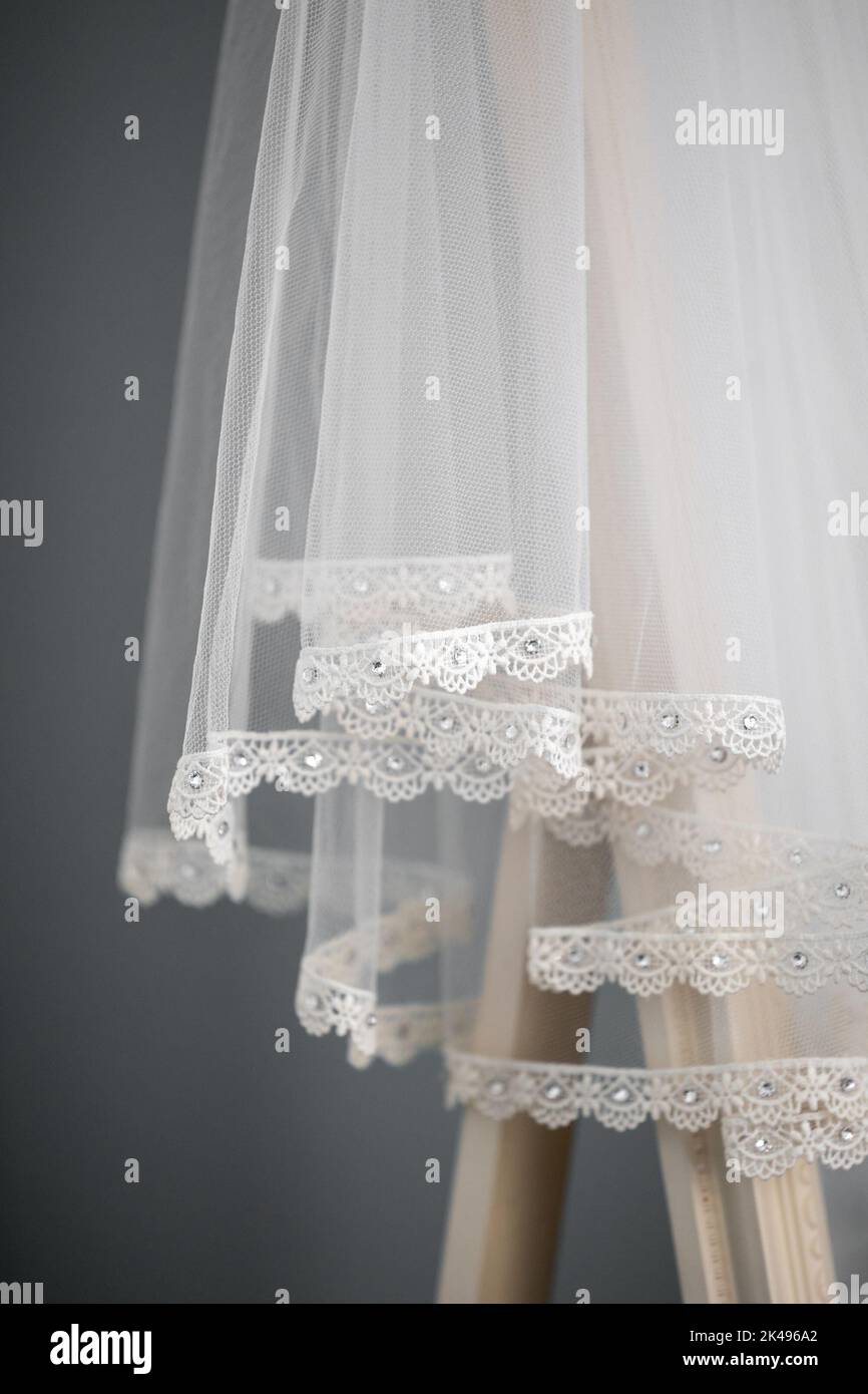 Beautiful diamond embroided brides wedding veil for traditional ceremony Stock Photo