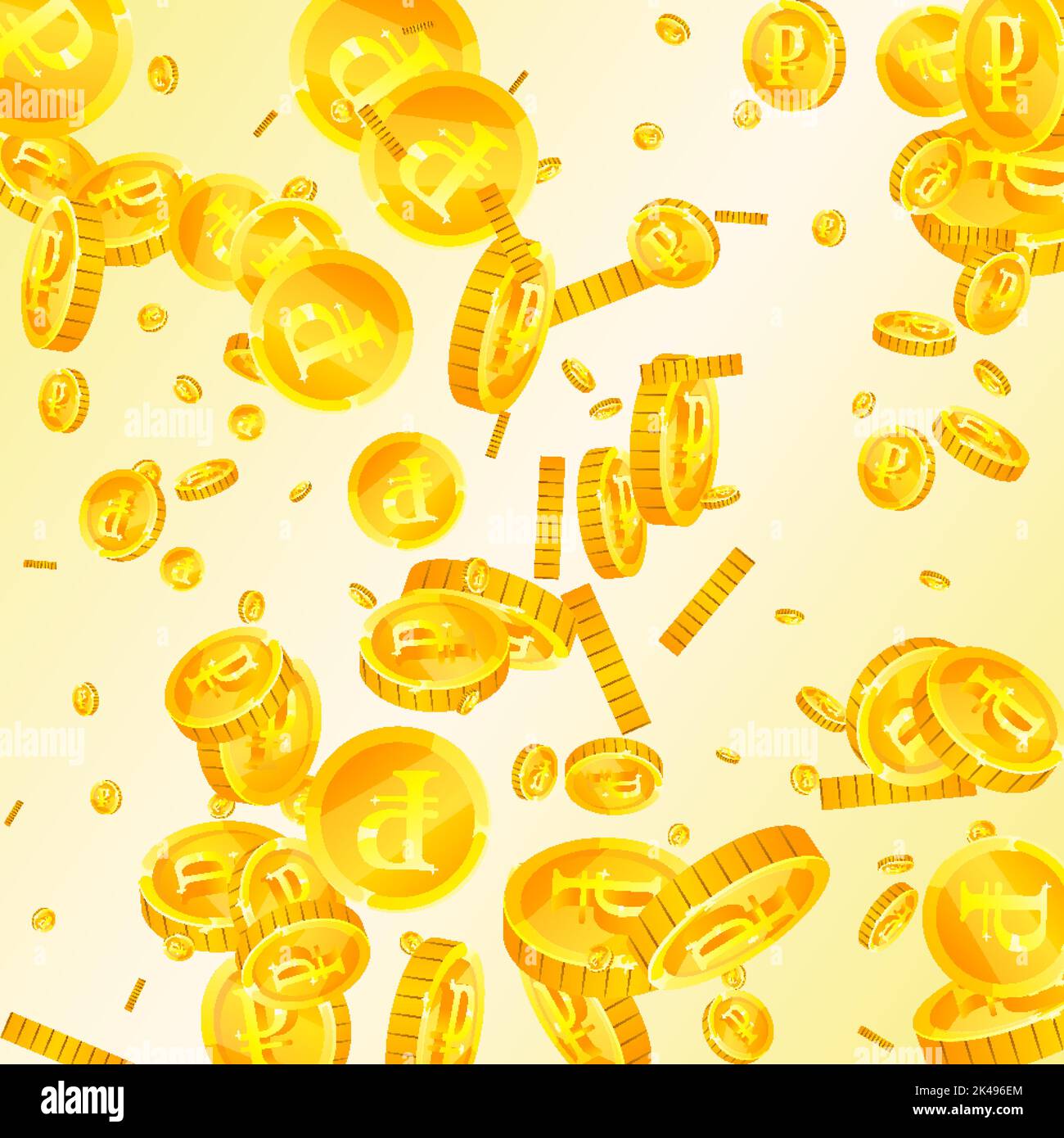 Russian ruble coins falling. Scattered gold RUB coins. Russia money ...