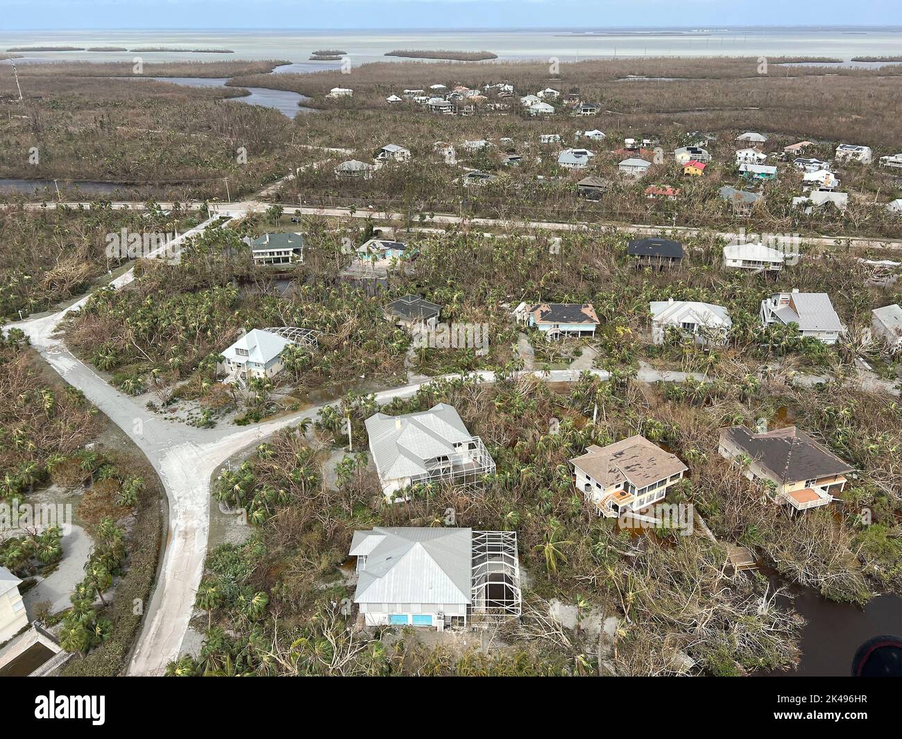 Sanibel Island, United States. 29th Sep, 2022. Aerial views of neighborhoods damaged by the massive Category 4 Hurricane Ian, that pounded the west coast of Florida, September 29, 2022 in Sanibel, Florida. Credit: Joey Feldman/US Coast Guard/Alamy Live News Stock Photo