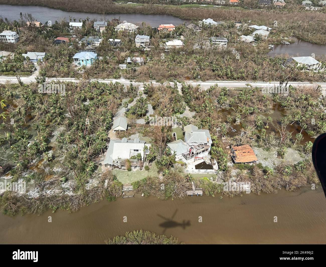 Sanibel Island, United States. 29th Sep, 2022. Aerial views of neighborhoods damaged by the massive Category 4 Hurricane Ian, that pounded the west coast of Florida, September 29, 2022 in Sanibel, Florida. Credit: Joey Feldman/US Coast Guard/Alamy Live News Stock Photo