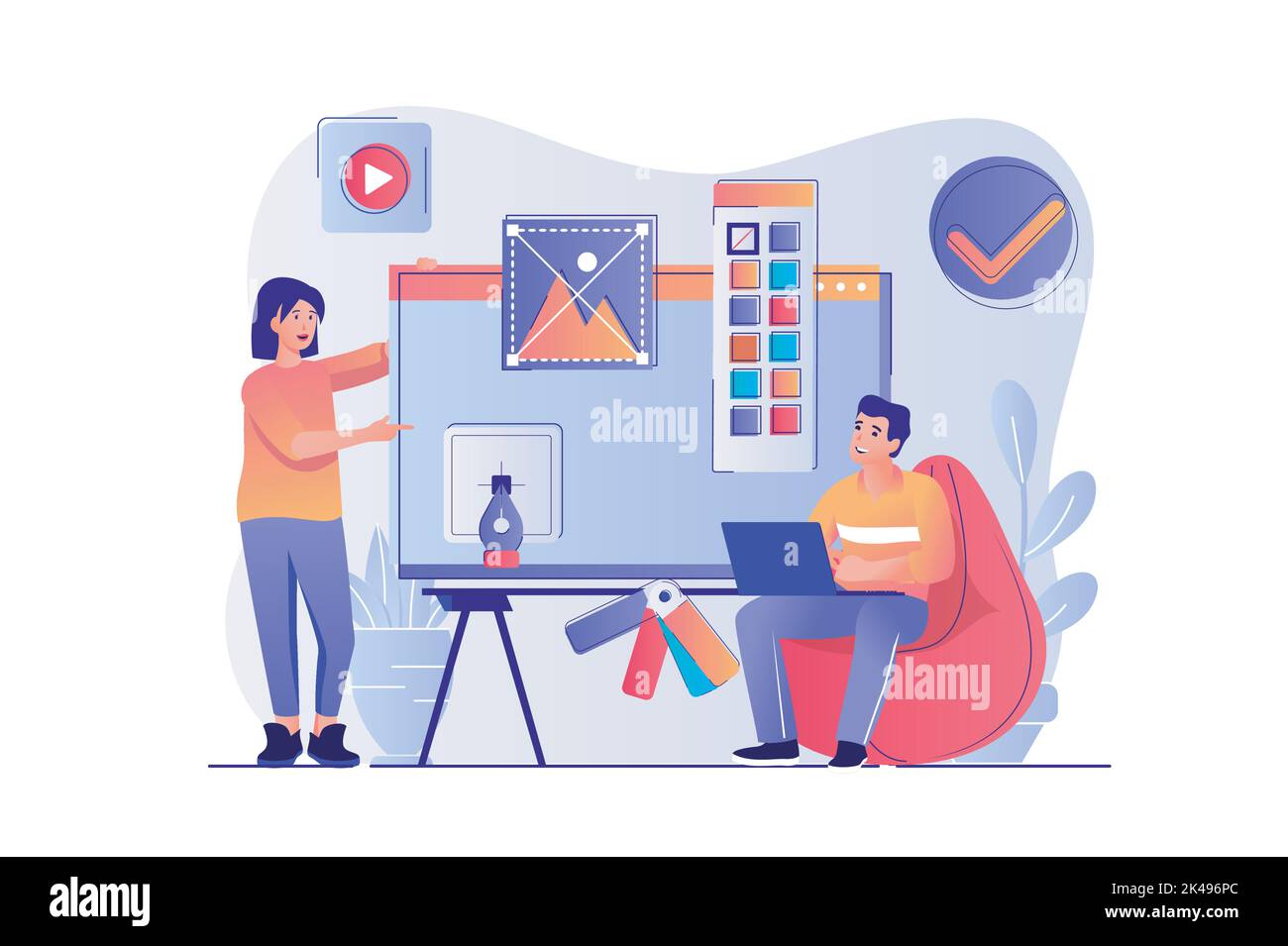 Design studio concept with people scene woman and man drawing elements
