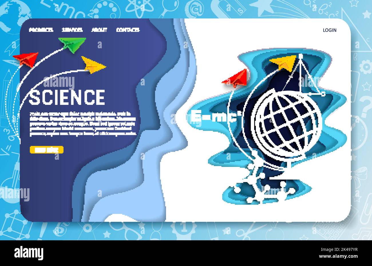 Science landing page website template. Vector paper cut planes, table