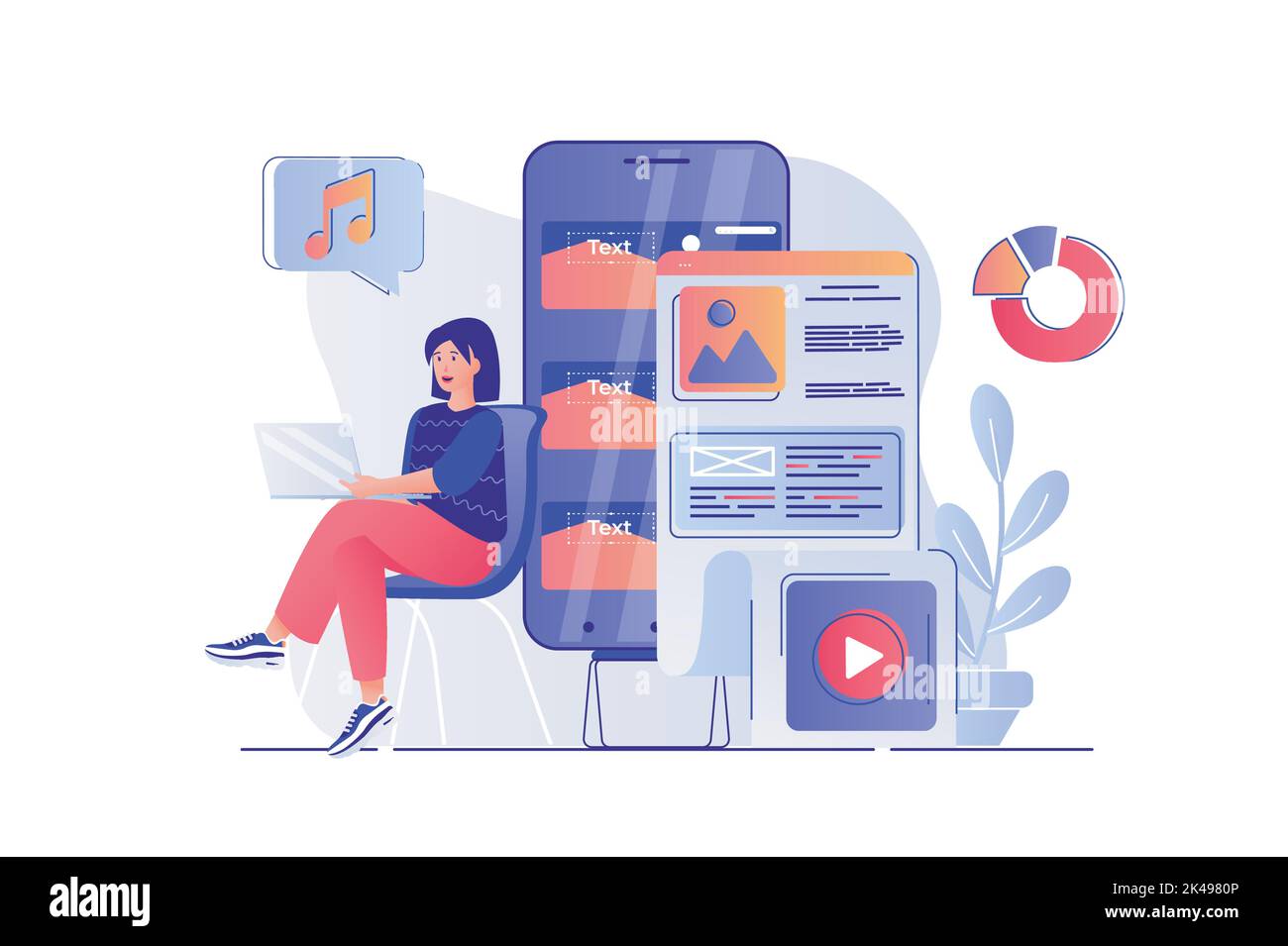 Content manager concept with people scene. Woman making content plan, creating content and fills site with video, audio and graphics. Vector Stock Vector