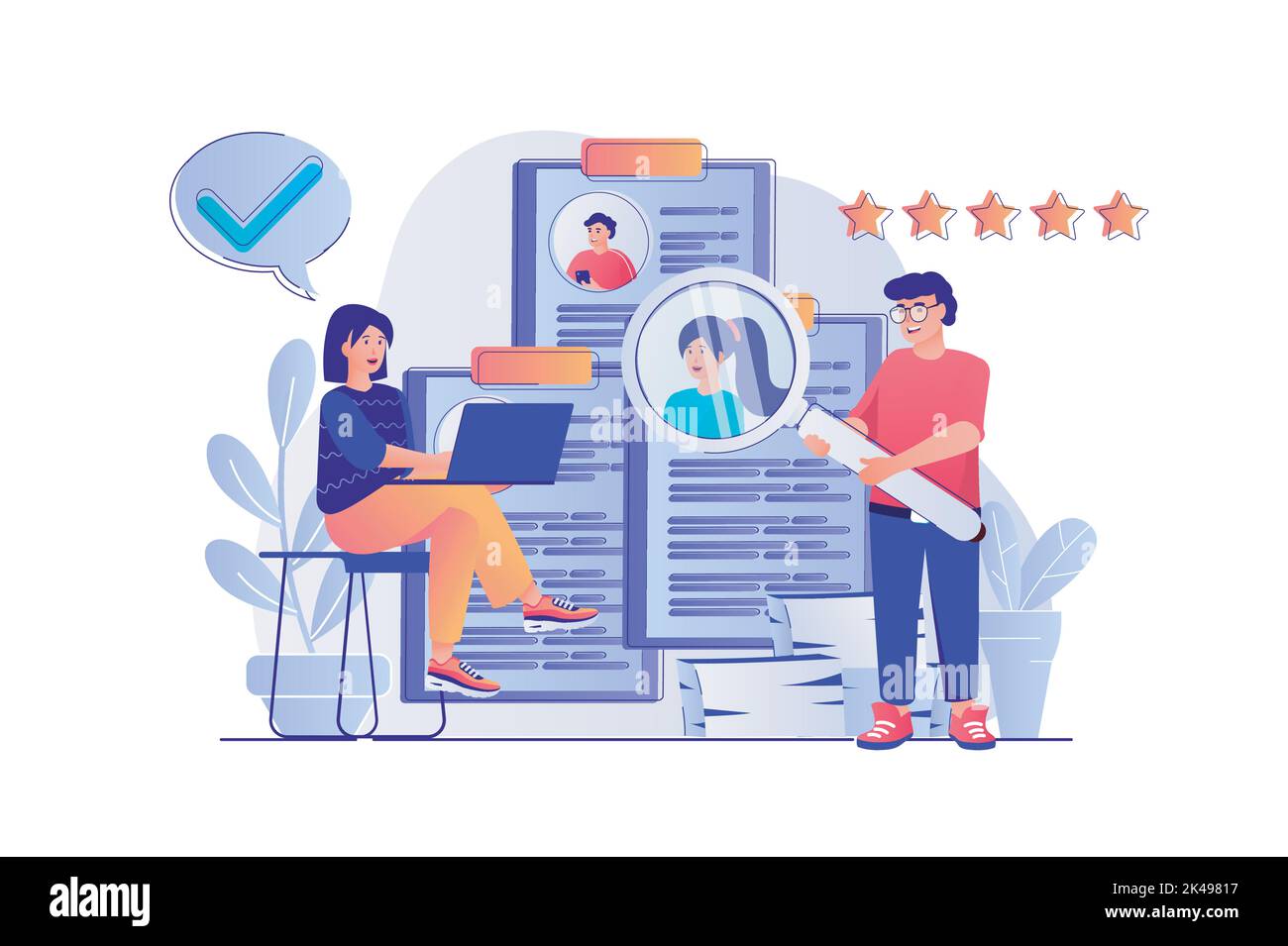 Recruitment agency concept with people scene. Woman and man headhunters looks at online resume for vacancy and choosing for candidates. Vector Stock Vector