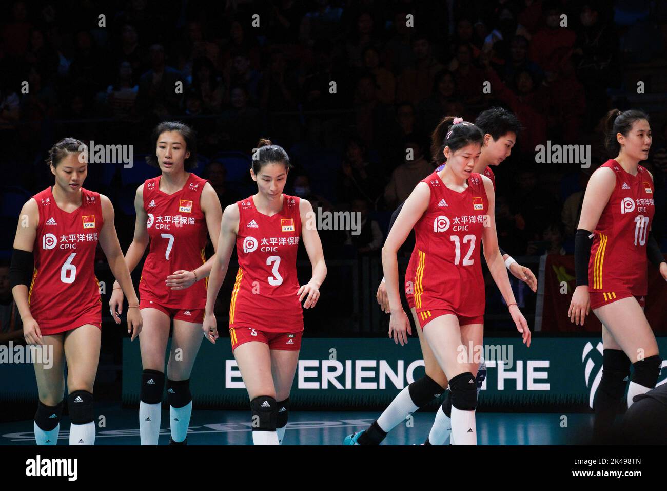 Arnhem, Netherlands. 1st Oct, 2022. Players of China react during the Phase 1 Pool D match against Brazil at the 2022 Volleyball Women's World Championship in Arnhem, the Netherlands, Oct. 1, 2022. Credit: Meng Dingbo/Xinhua/Alamy Live News Stock Photo