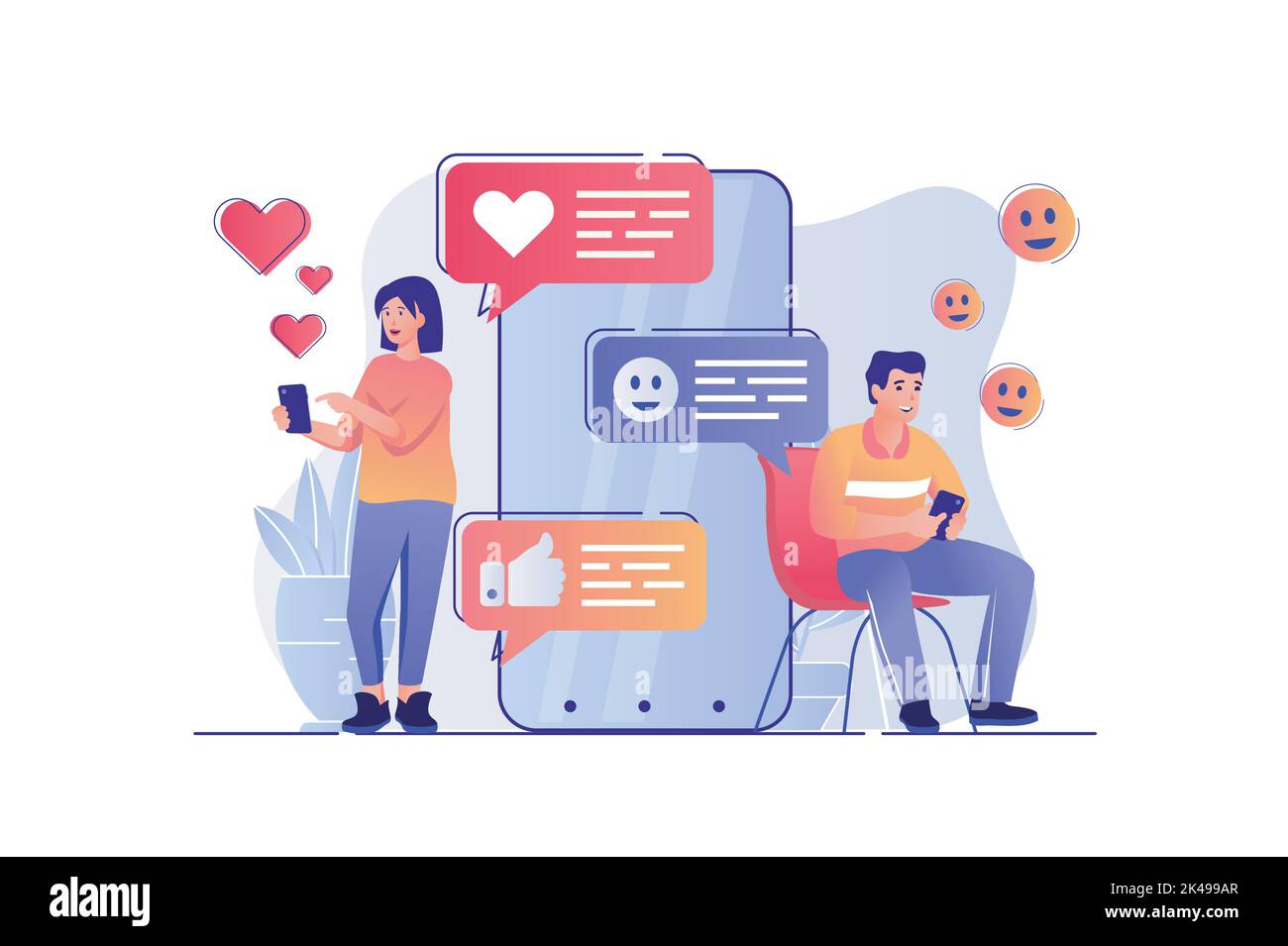 Social network concept with people scene. Woman and man writing messages, chatting, dating, browsing news feed, posts and likes in app. Vector Stock Vector