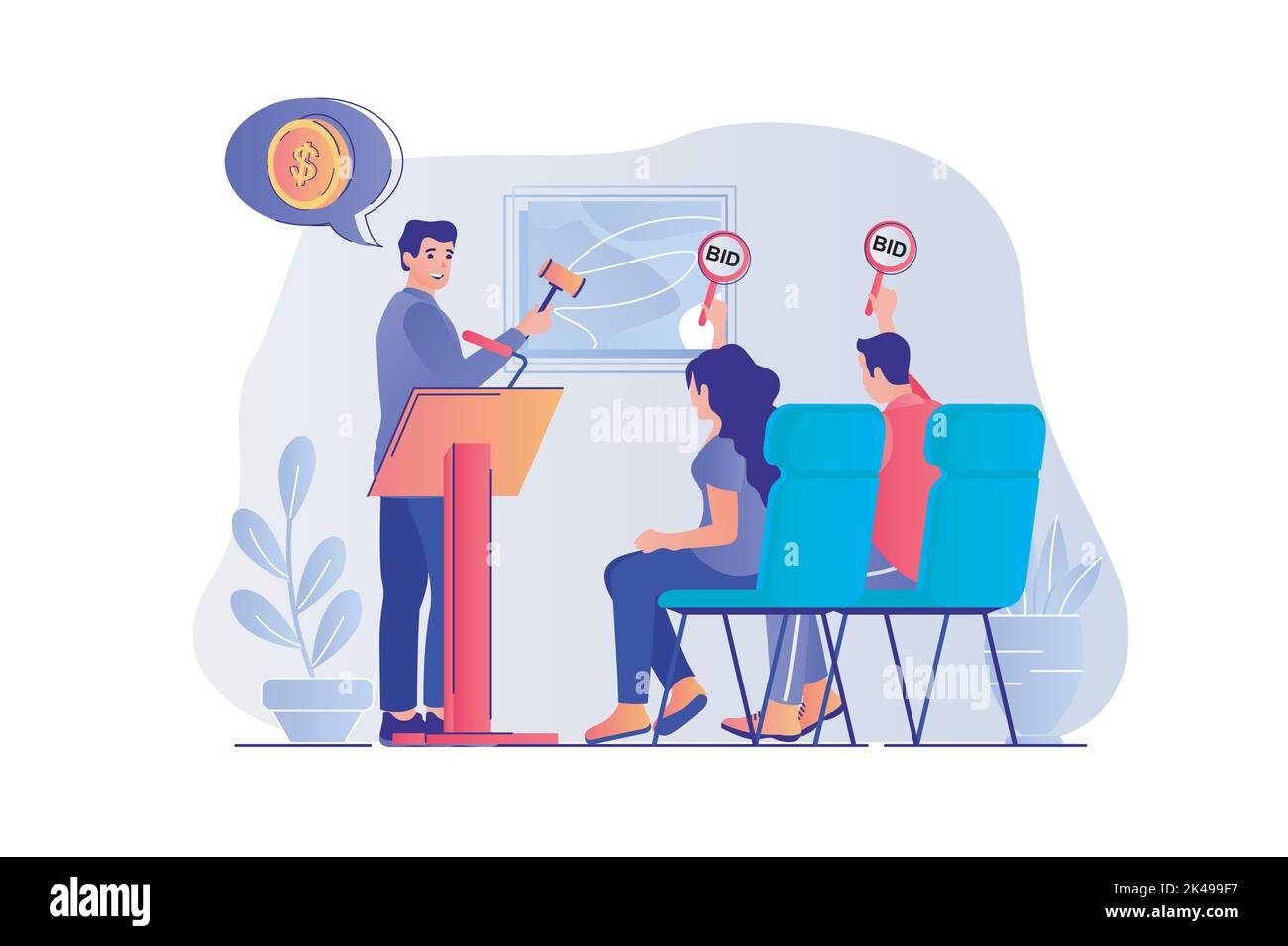 Auction concept with people scene. Man auctioneer selling art painting