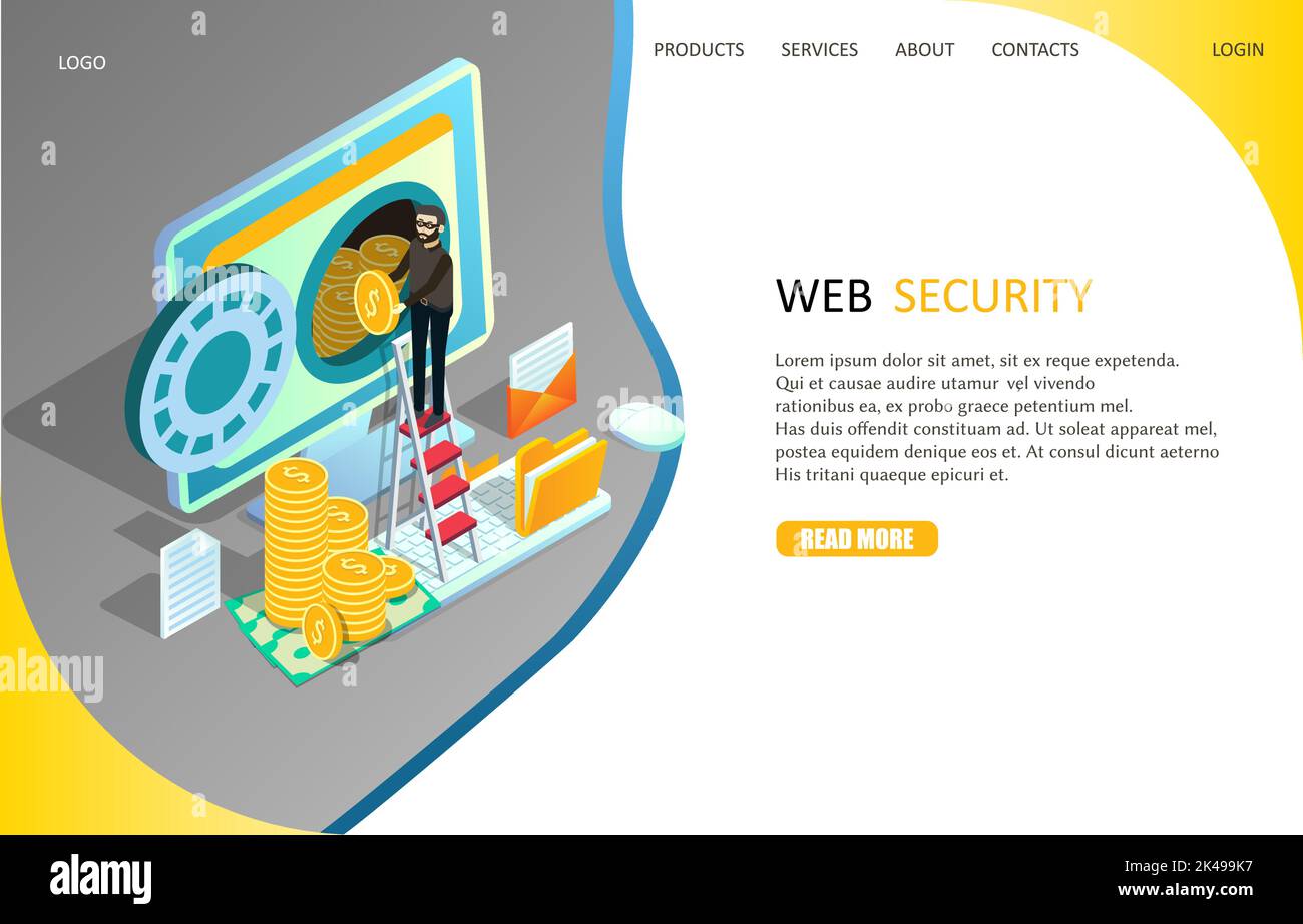 Web security landing page website template. Vector isometric illustration of cyber thief hacker stealing money from computer. Internet security, data Stock Vector