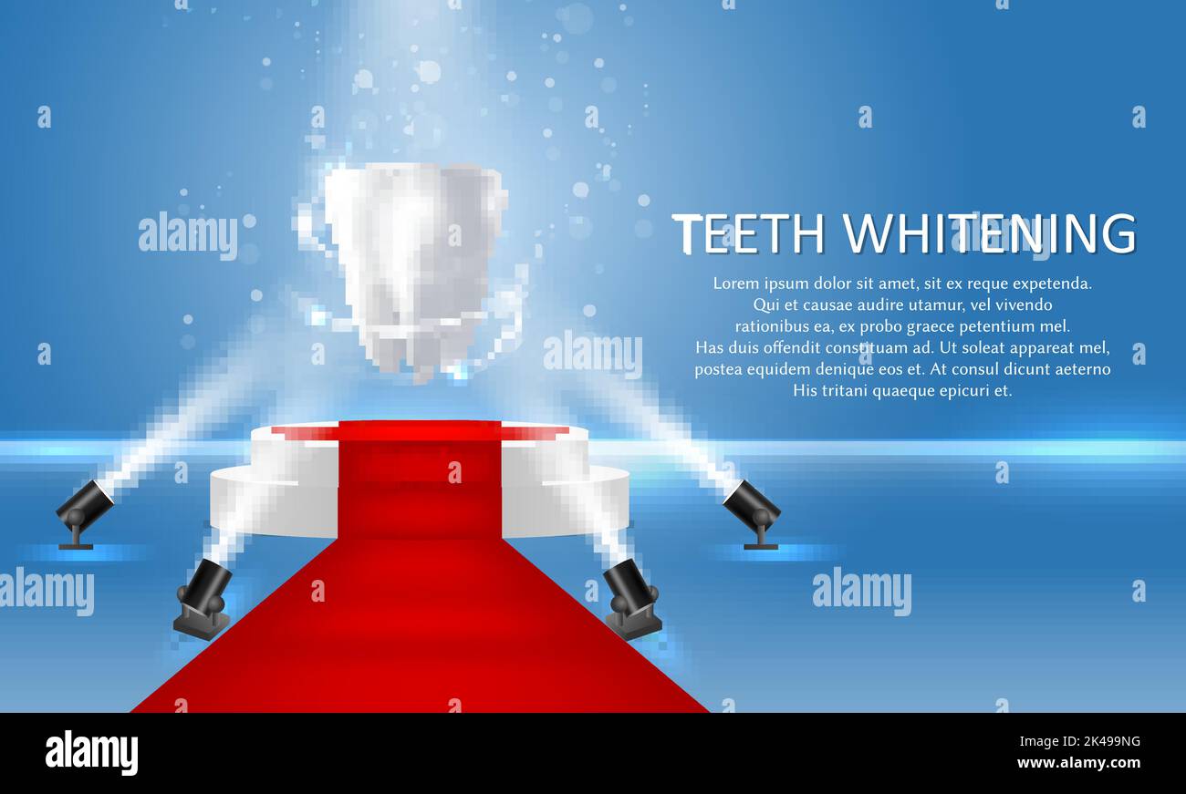 Brilliant white tooth on round podium with red carpet illuminated by