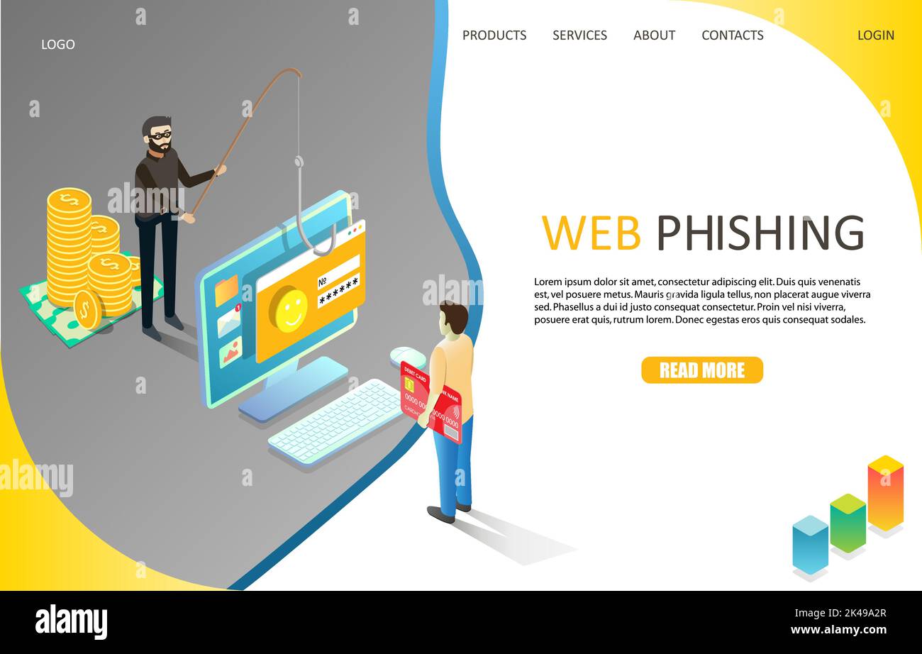Web phishing landing page website template. Vector isometric illustration of fraudster fishing user private confidential account information. Malware Stock Vector