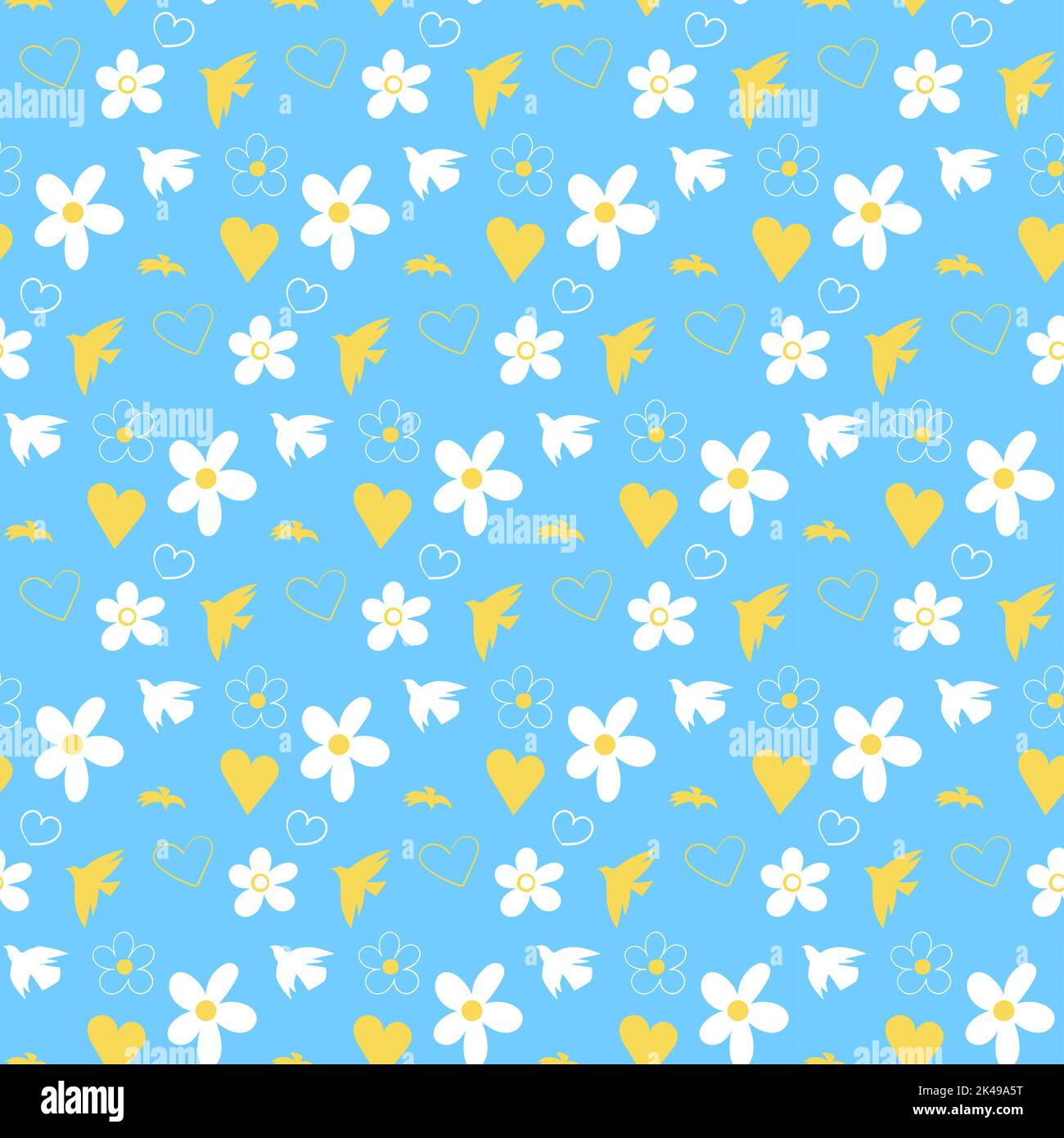 Seamless vector line art pattern made of white with yellow floral elements, birds - pigeons in flight, flowers, on blue. Ukrainian theme, concepts of Stock Vector