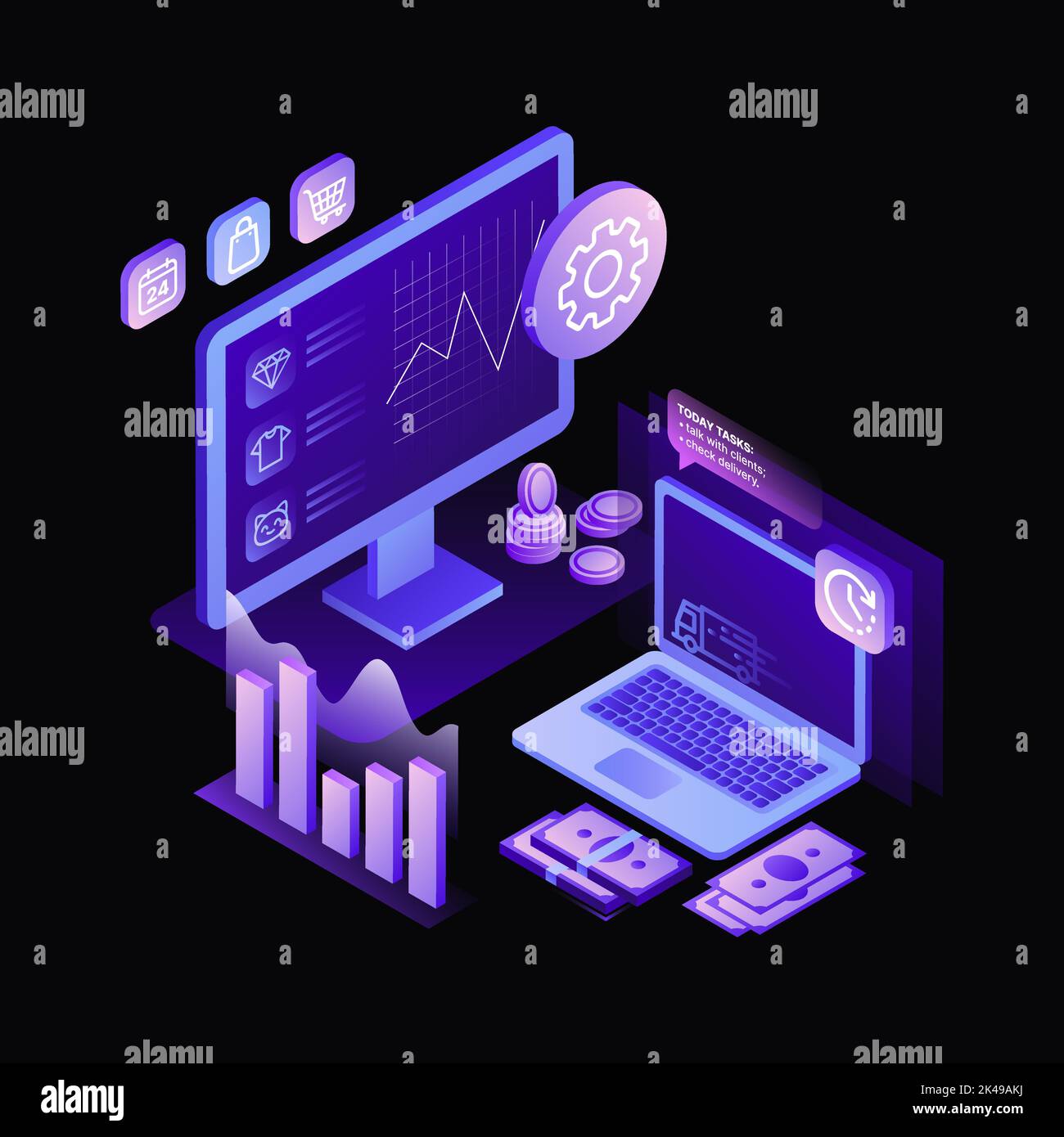 E-Commerce Work Space Illustration. Sales. Black Template. Vector ...