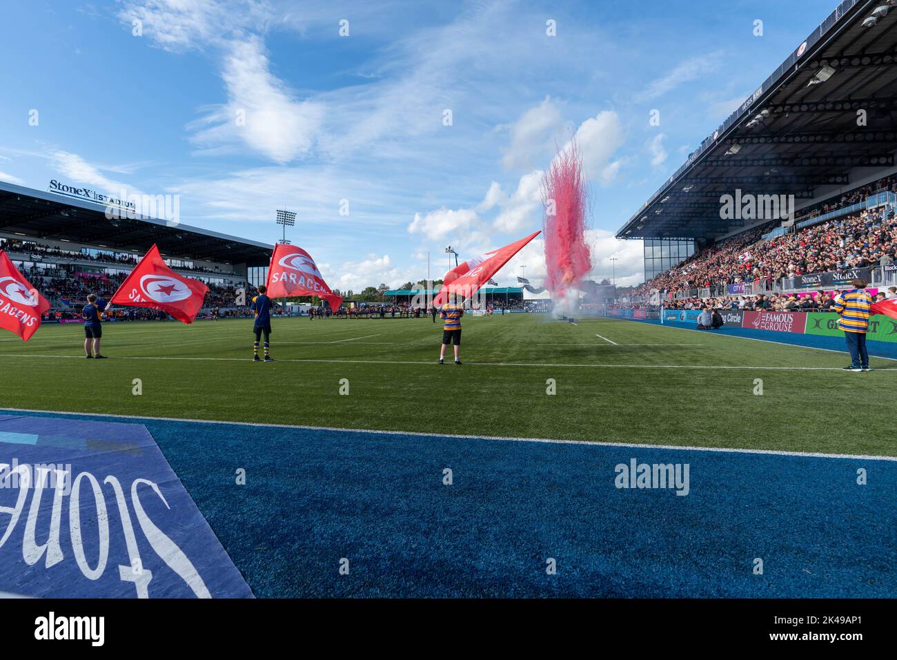 Saracens are greeted with fireworks as they enter the field during the
