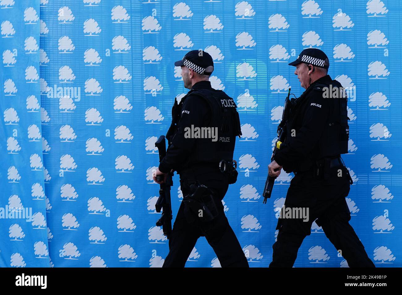 Armed police officers outside International Convention Centre in Birmingham ahead of the Conservative Party annual conference. Picture date: Saturday October 1, 2022. Stock Photo