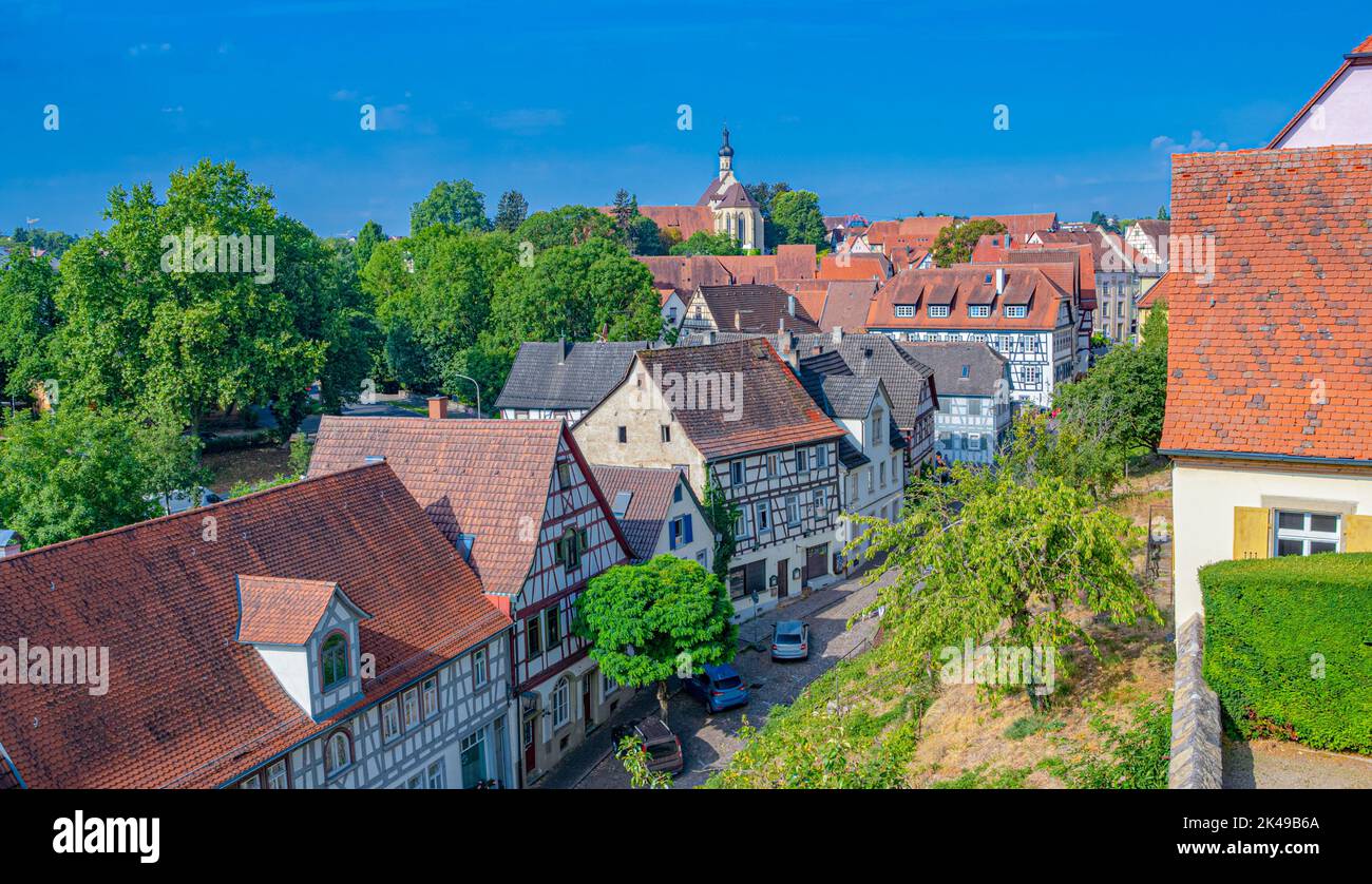 View from the red tower to the Dominican Church in Bad Wimpfen. Neckar Valley, Kraichgau, Baden-Württemberg, Germany, Europe Stock Photo