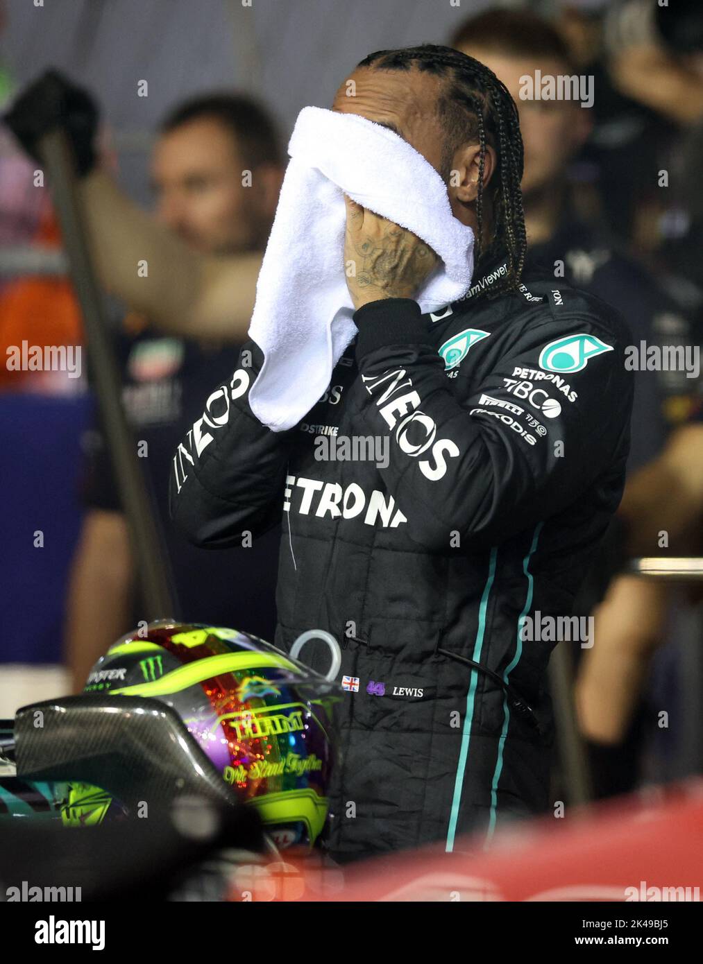 Formula One F1 - Singapore Grand Prix - Marina Bay Street Circuit, Singapore - October 1, 2022 Mercedes' Lewis Hamilton after qualifying in third place REUTERS/Edgar Su Stock Photo