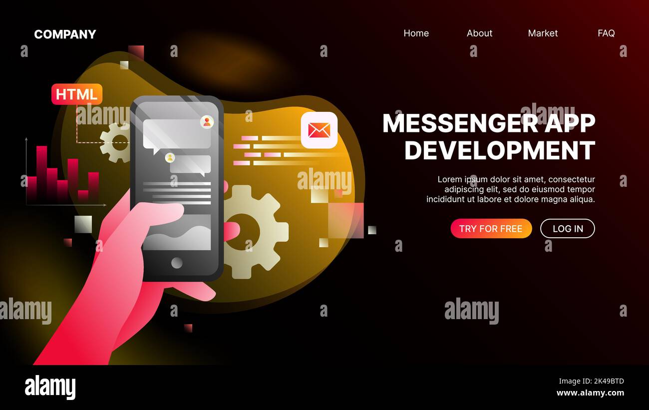 Messenger App Development. Landing Webpage Template. Vector illustration Stock Vector