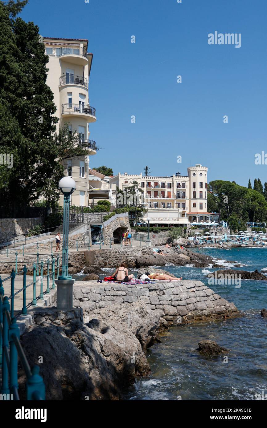 Lungomare walkway and Hotel Miramar in Opatja, Croatia,Europe. Stock Photo