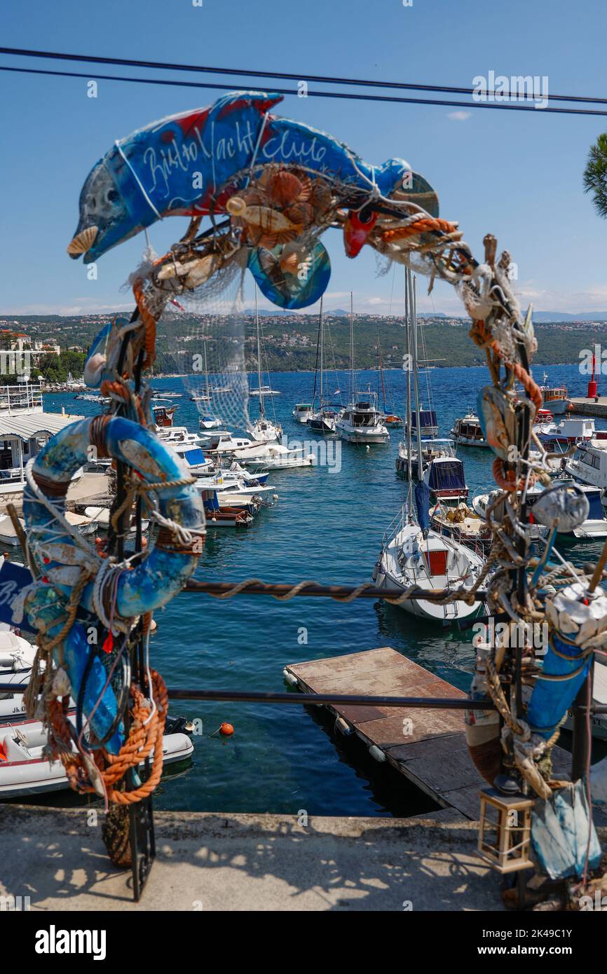 Artistic sign made of boating scrap at the Bistro Yacht Club in Opatija, Croatia,Europe. Stock Photo