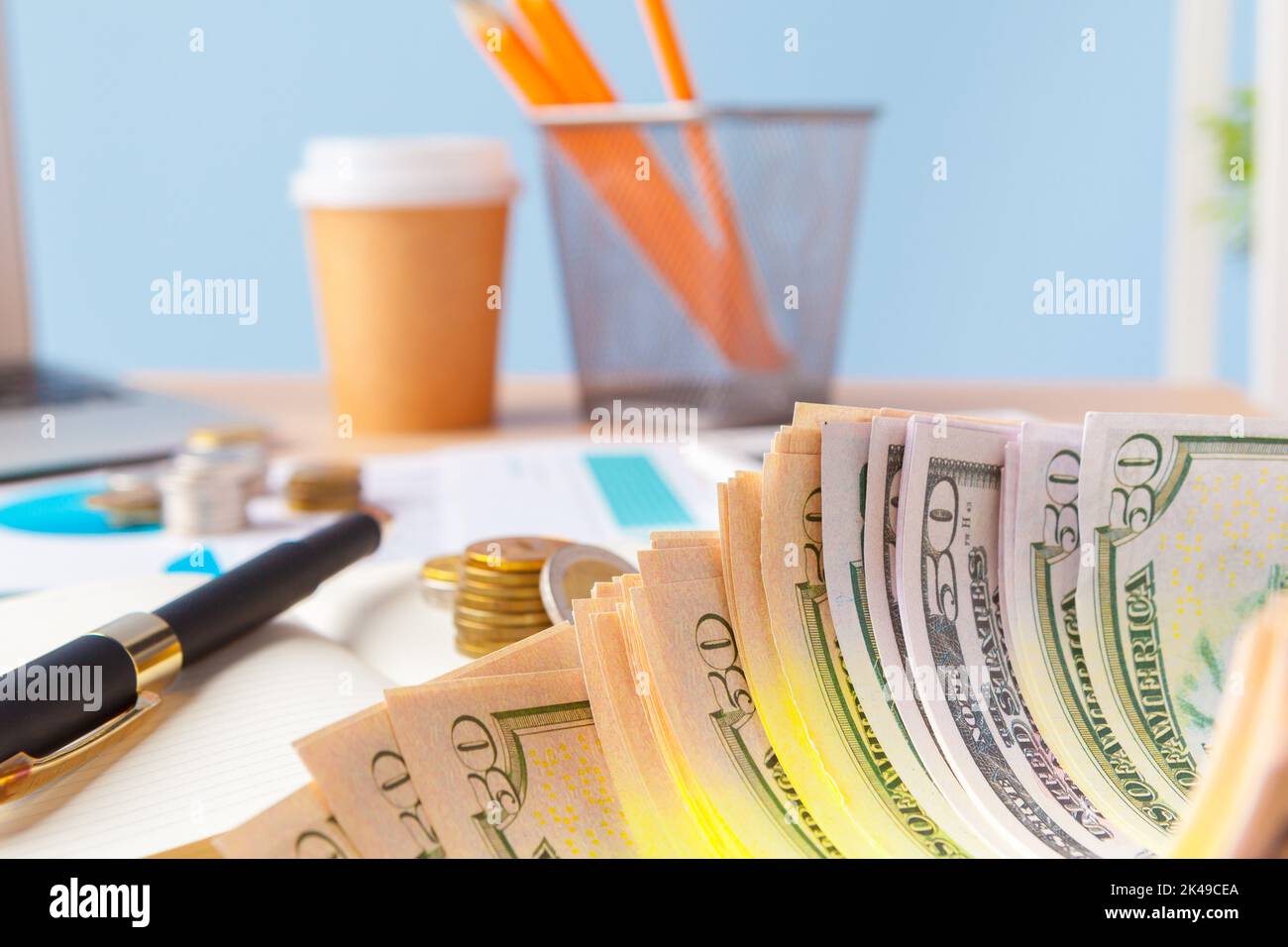 Saving stack coins money concept. Graph, chart document close up Stock ...