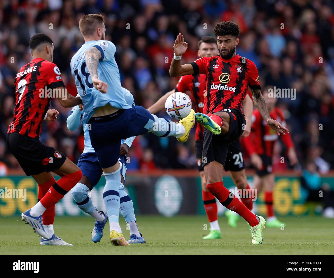Bournemouth's Philip Billing (right) and Brentford's Pontus Jansson battle for the ball during the Premier League match at the Vitality Stadium, Bournemouth. Picture date: Saturday October 1, 2022. Stock Photo