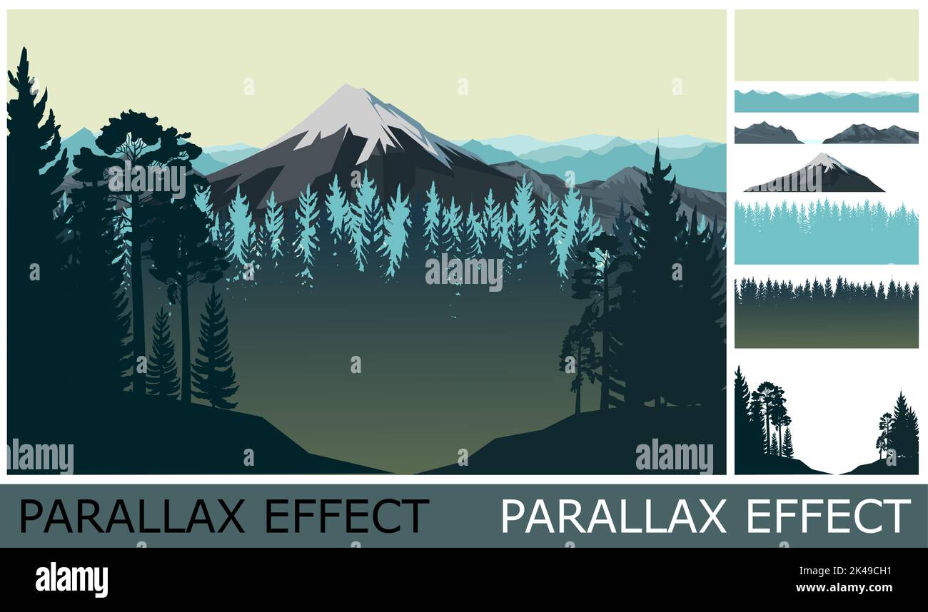 Mountain landscape. Image from layers for overlay with parallax effect. Haunted forest. Coniferous and deciduous trees. Silhouette Mountains rocks on Stock Vector
