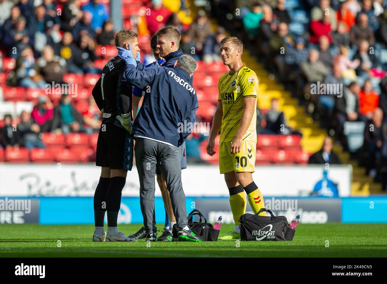 Thomas Kaminski #1 of Blackburn Rovers receives treatment during the Sky Bet Championship match Blackburn Rovers vs Millwall at Ewood Park, Blackburn, United Kingdom, 1st October 2022  (Photo by Phil Bryan/News Images) Stock Photo