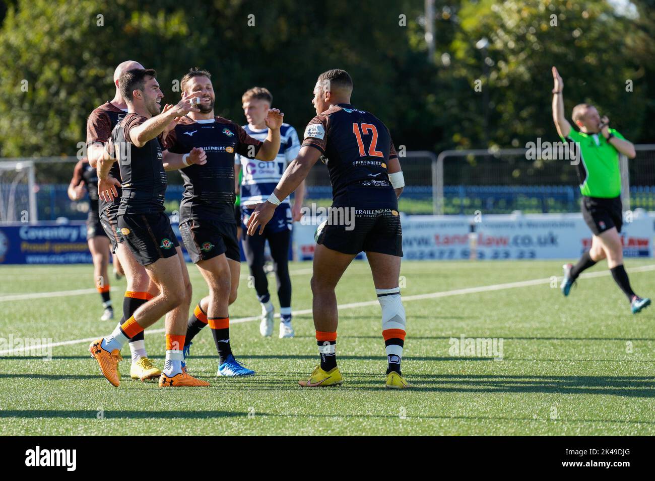Reuben BIRD-TULLOCH (12) of Ealing Trailfinders celebrates after he scores his team’s fourth try during the Greene King IPA Championship match between Coventry and Ealing Trailfinders at Butts Arena, Coventry, England on 1 October 2022. Photo by David Horn. Stock Photo