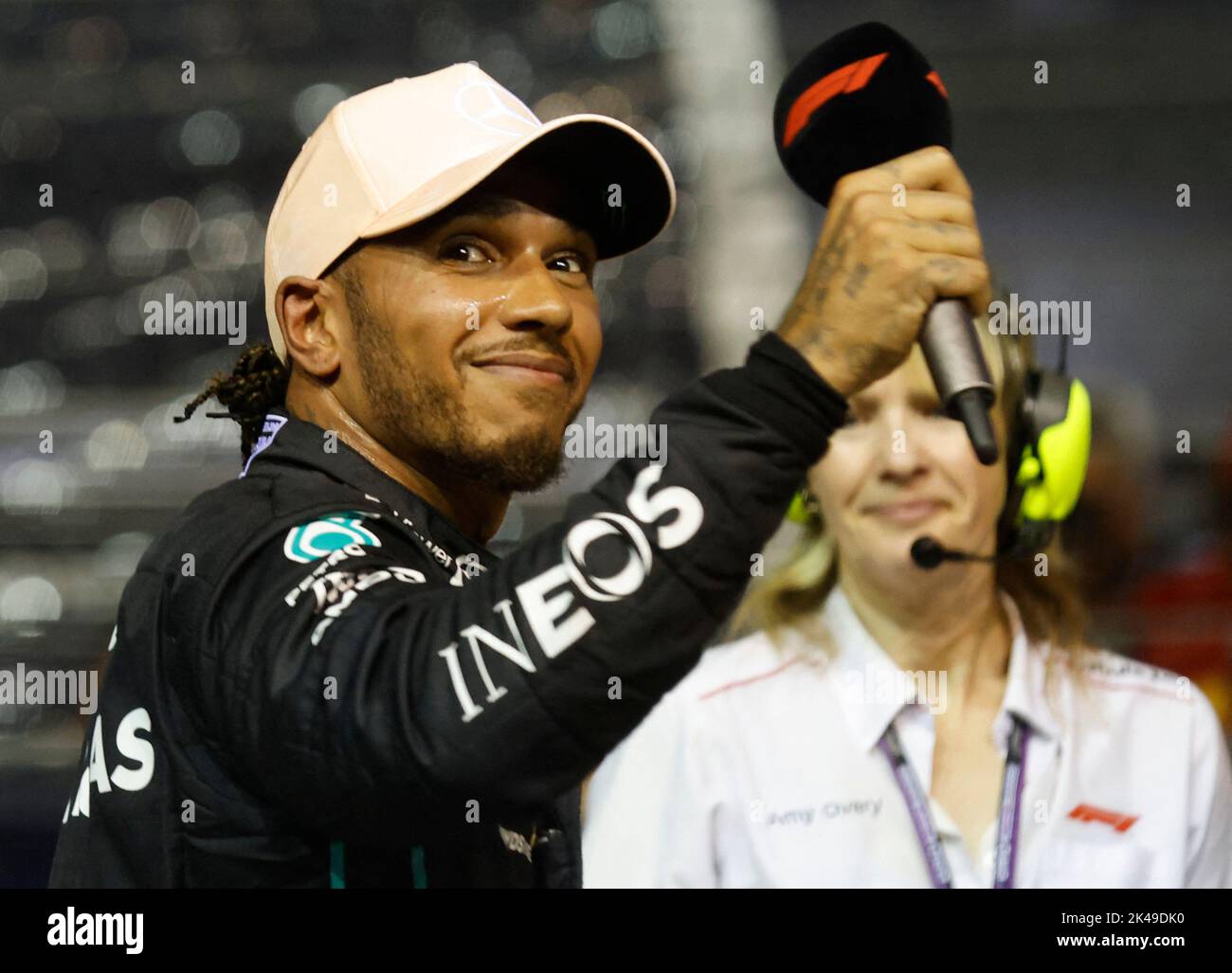 Formula One F1 - Singapore Grand Prix - Marina Bay Street Circuit, Singapore - October 1, 2022 Mercedes' Lewis Hamilton during an interview after qualifying in third place REUTERS/Edgar Su Stock Photo