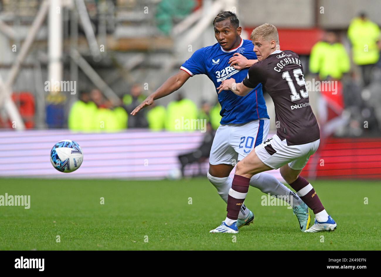 Edinburgh, 1st October 2022. Alex Cochrane of Hearts and Alfredo Morelos of Rangers during the cinch Premiership match at Tynecastle Park, Edinburgh. Picture credit should read: Neil Hanna/Sportimage Credit: Sportimage/Alamy Live News Stock Photo