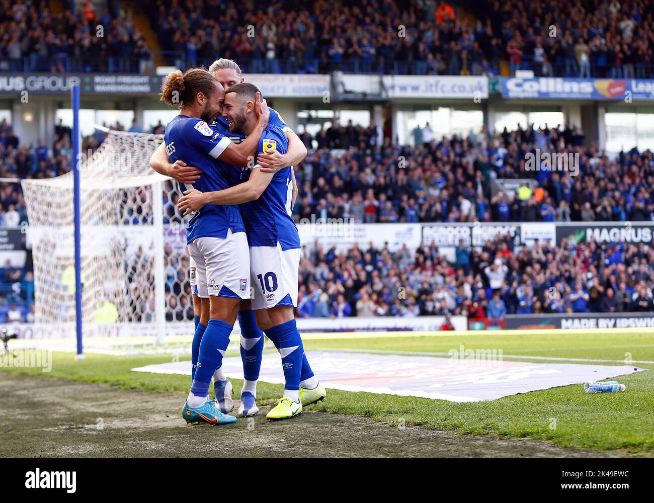 Ipswich, UK. 01st Oct, 2022. Marcus Harness of Ipswich Town (L) celebrates with teammates after scoring the first goal of the game during the Sky Bet League One match between Ipswich Town and Portsmouth at Portman Road on October 1st 2022 in Ipswich, England. (Photo by Mick Kearns/phcimages.com) Credit: PHC Images/Alamy Live News Stock Photo