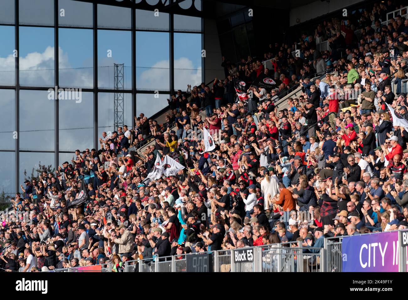 Saracen fans celebrate as another try goes over. during the Gallagher