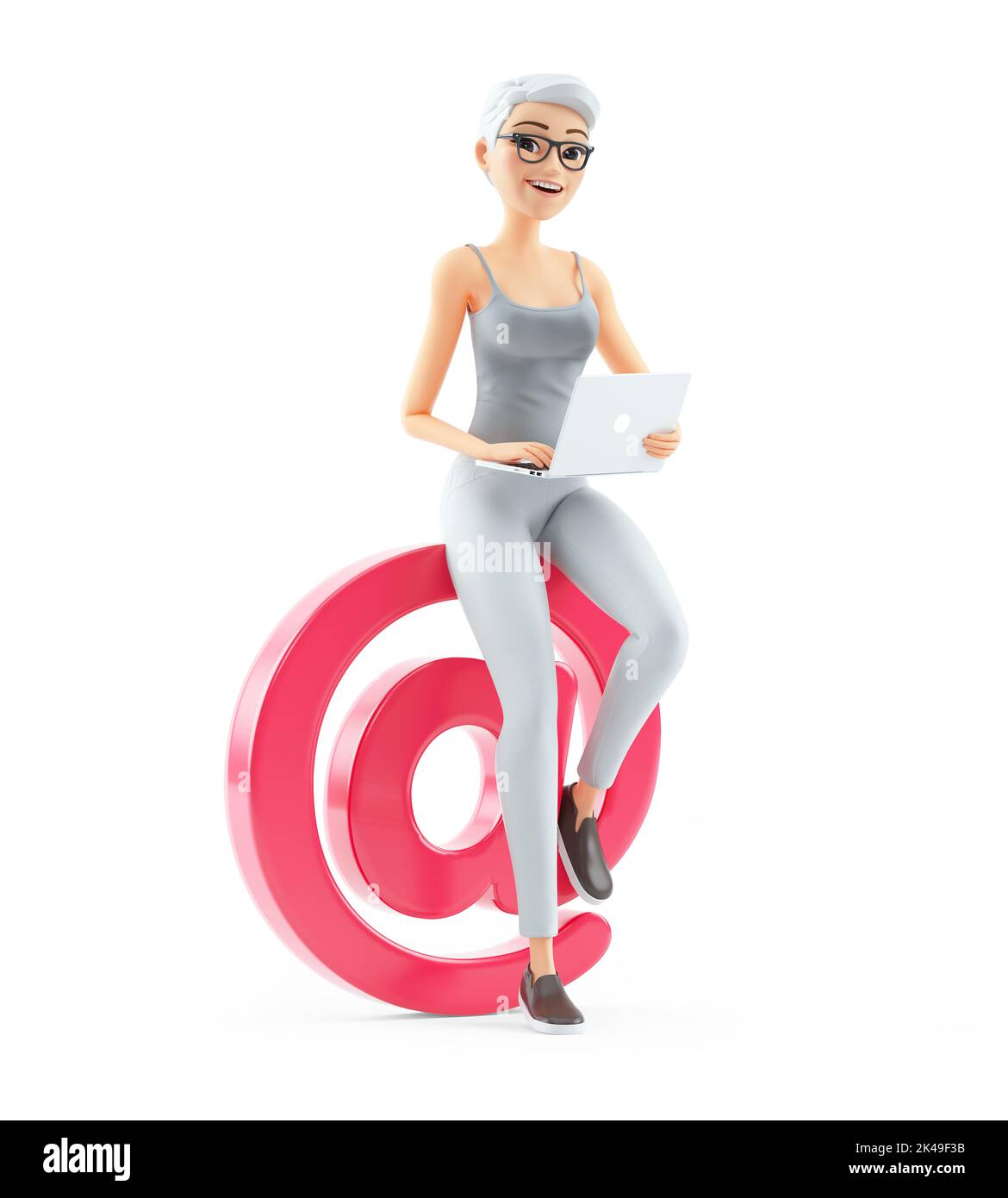 3d senior woman working on at sign, illustration isolated on white background Stock Photo