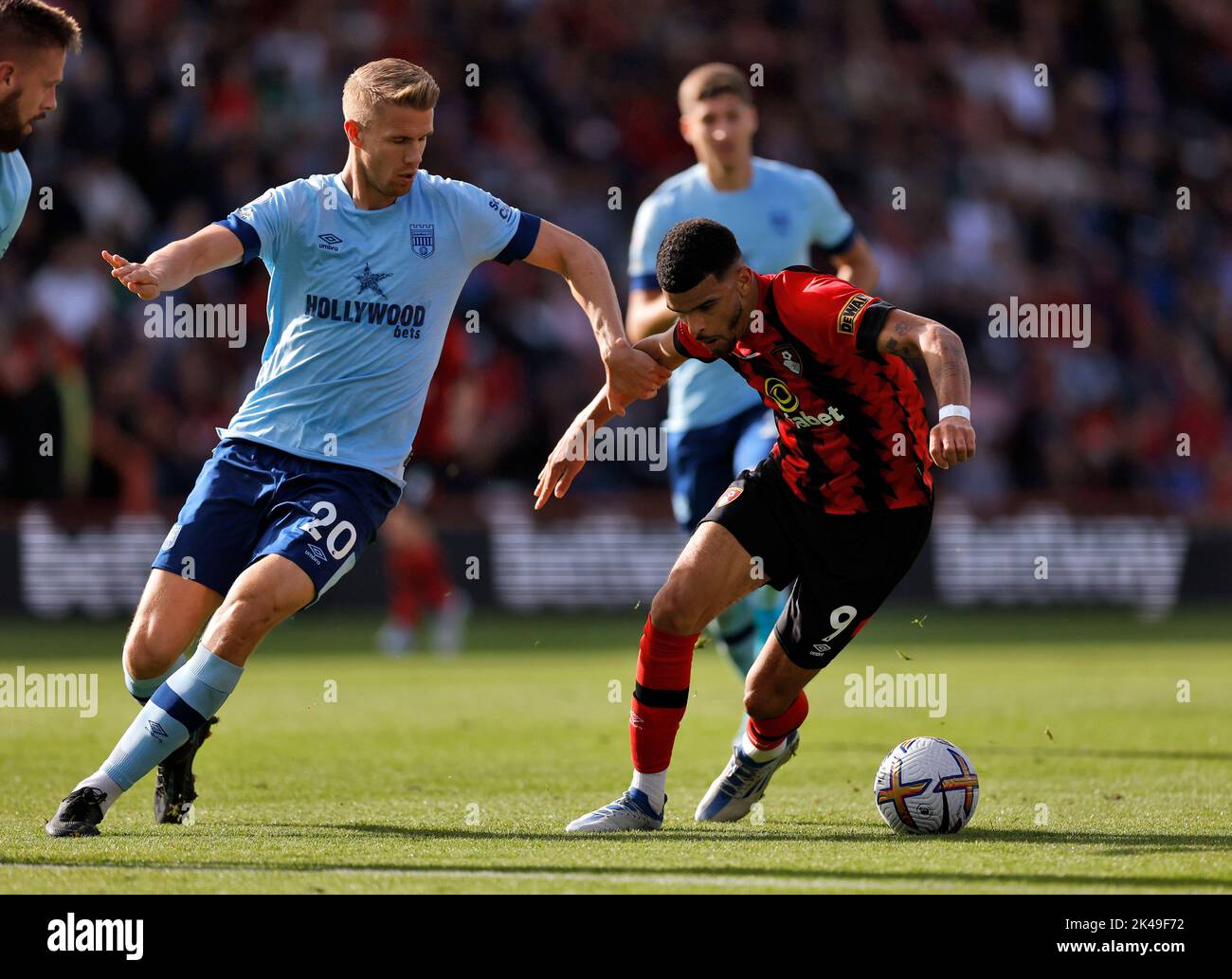 Brentford's Kristoffer Ajer (left) and Bournemouth's Dominic Solanke battle for the ball during the Premier League match at the Vitality Stadium, Bournemouth. Picture date: Saturday October 1, 2022. Stock Photo