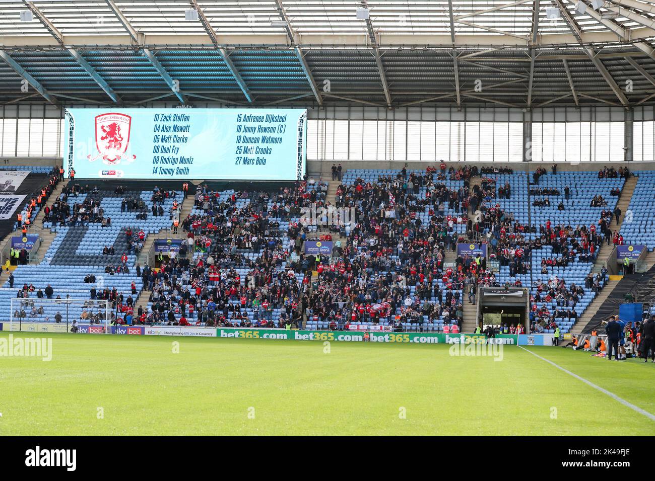 Coventry, UK. 1st October 2022Middlesbrough's travelling fans before the Sky Bet Championship match between Coventry City and Middlesbrough at the Coventry Building Society Arena, Coventry on Saturday 1st October 2022. (Credit: John Cripps | MI News) Credit: MI News & Sport /Alamy Live News Stock Photo
