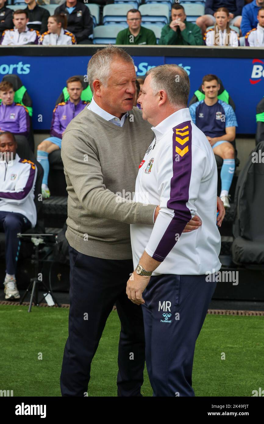 Coventry, UK. 1st October 2022Coventry City's manager Mark Robins and Middlesbrough's manager Chris Wilder before the Sky Bet Championship match between Coventry City and Middlesbrough at the Coventry Building Society Arena, Coventry on Saturday 1st October 2022. (Credit: John Cripps | MI News) Credit: MI News & Sport /Alamy Live News Stock Photo