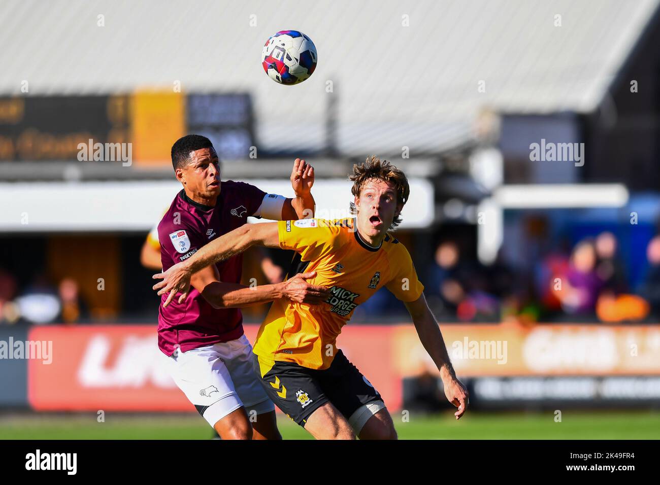 Cambridge, UK. 1st October 2022Craig Forsyth (3 Derby) and Joe Ironside (9 Cambridge United) battle for the ball during the Sky Bet League 1 match between Cambridge United and Derby County at the R Costings Abbey Stadium, Cambridge on Saturday 1st October 2022. (Credit: Kevin Hodgson | MI News) Credit: MI News & Sport /Alamy Live News Stock Photo