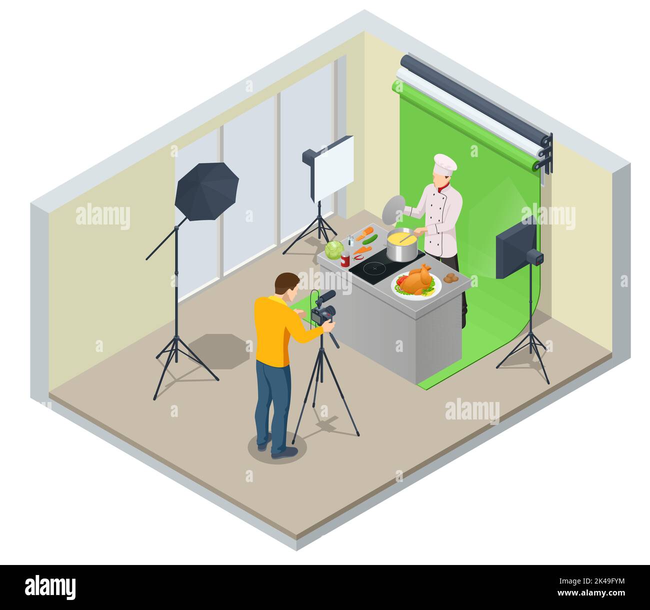 Isometric Chef Cook Recording Video On Camera at Kitchen. Chief In