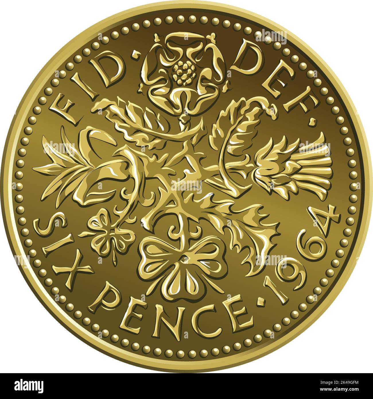 British sixpence money gold coin, reverse with floral design Stock Vector
