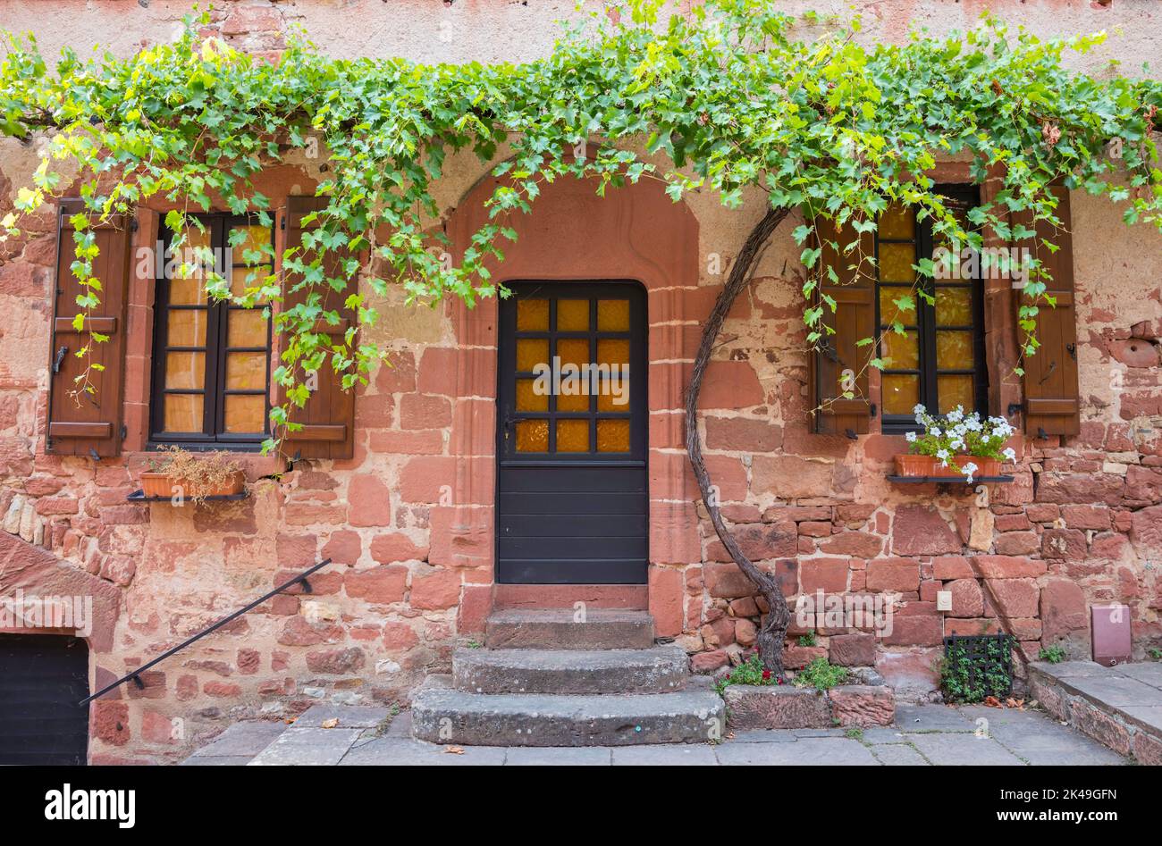 red house with green grapes plant above the door and windows Stock Photo