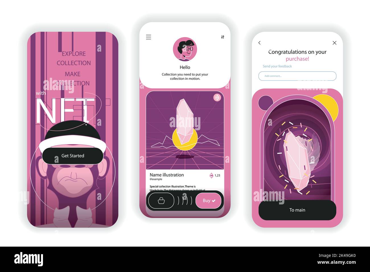 NFT concept onboarding screens. Buying and selling digital art with non