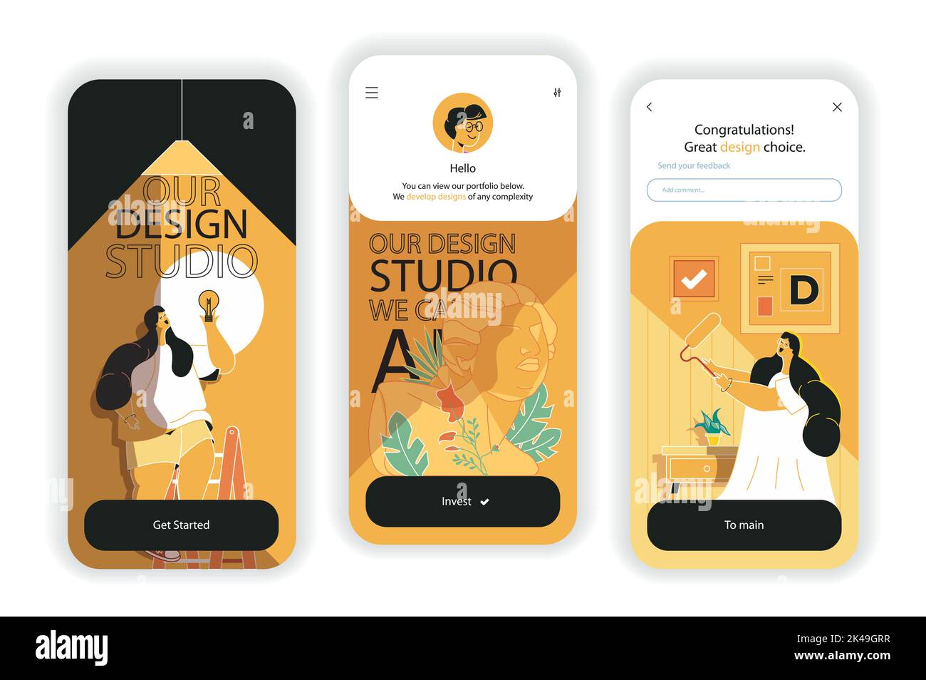 Design studio concept onboarding screens. Create artwork and content in designer agency, creative projects. UI, UX, GUI user interface kit with flat Stock Vector