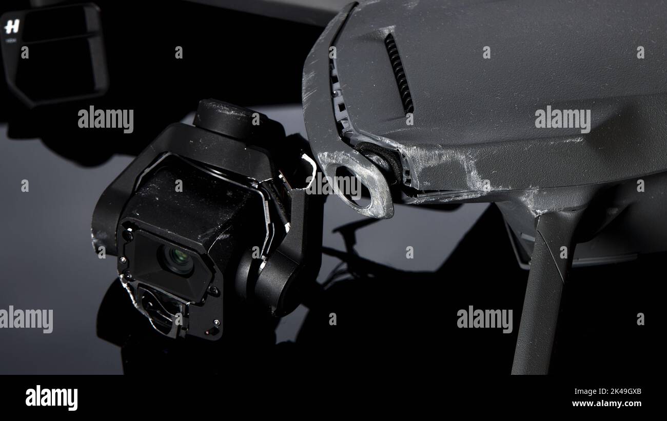 Drone Dji Mavic 3 After Crashed On A Black Background Drone After