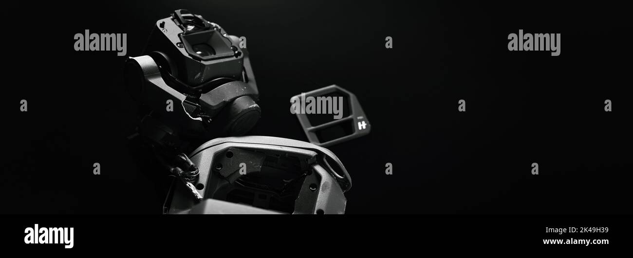 Drone Dji Mavic 3 After Crashed On A Black Background Drone After